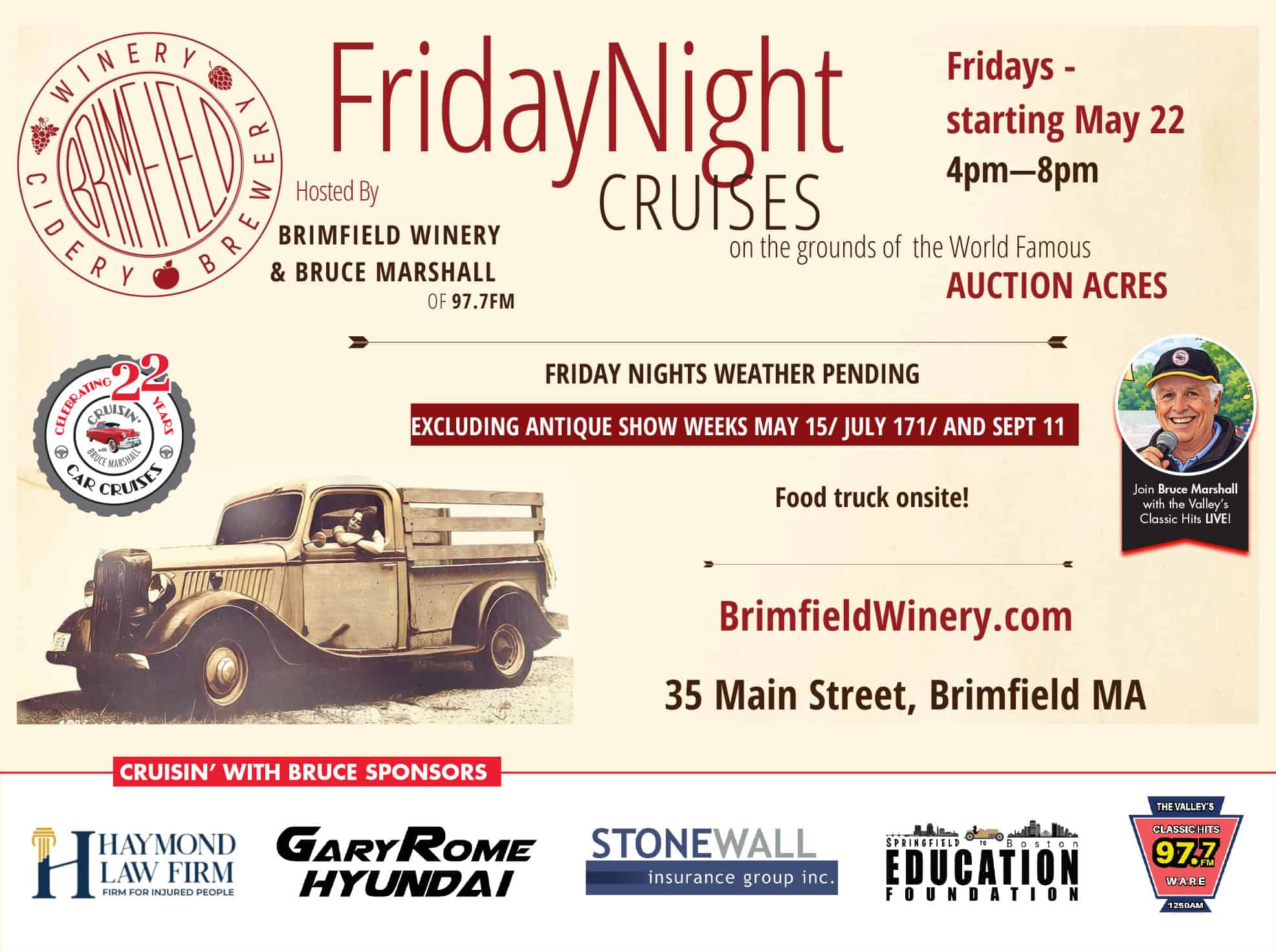 Brimfield Winery and Bruce Marshall Friday Night Cruises event at Auction Acres in Brimfield, MA on August 21, 2026