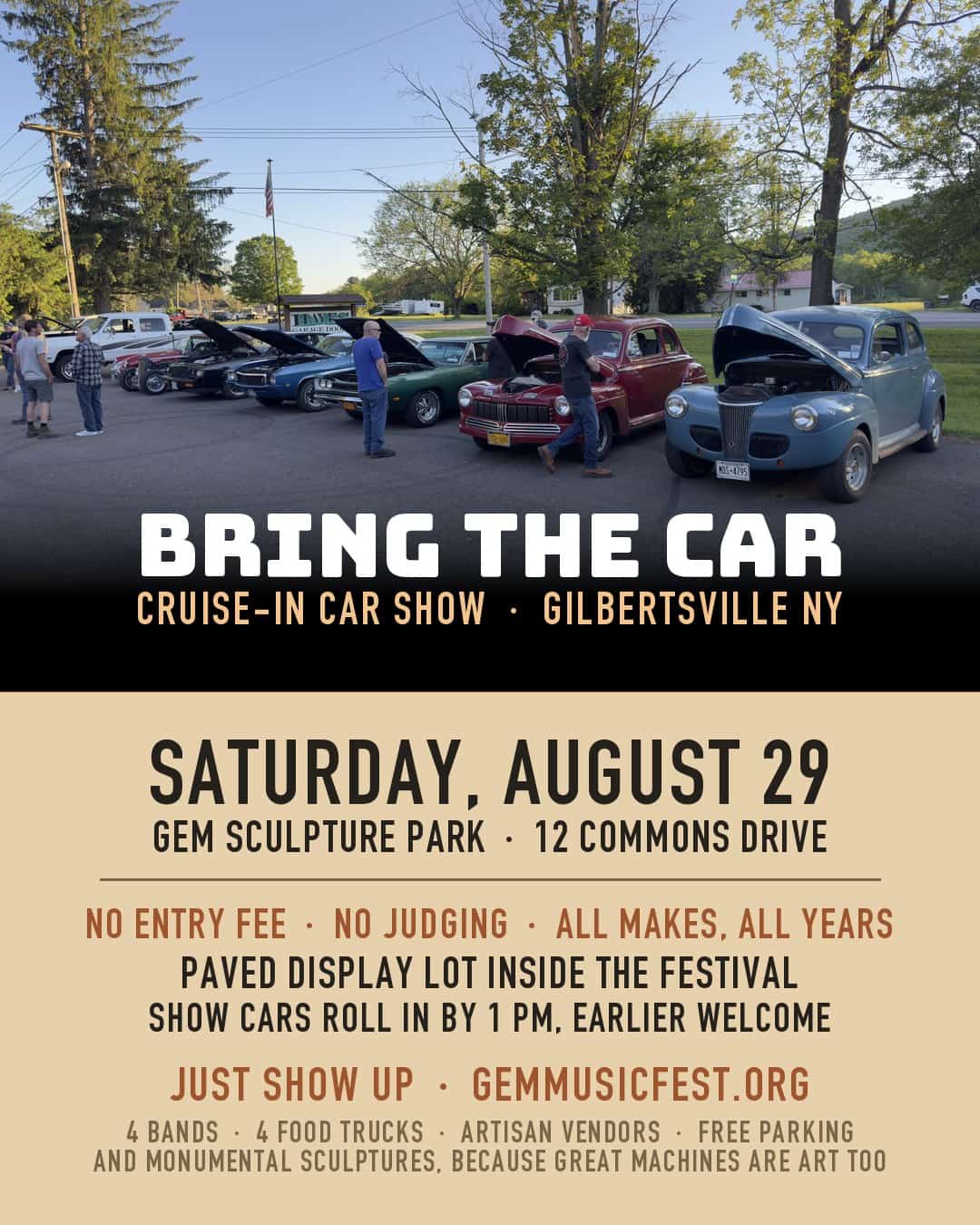 Bring the Car Cruise-In Car Show event at Gem Sculpture Park in Gilbertsville, NY on August 29, 2026