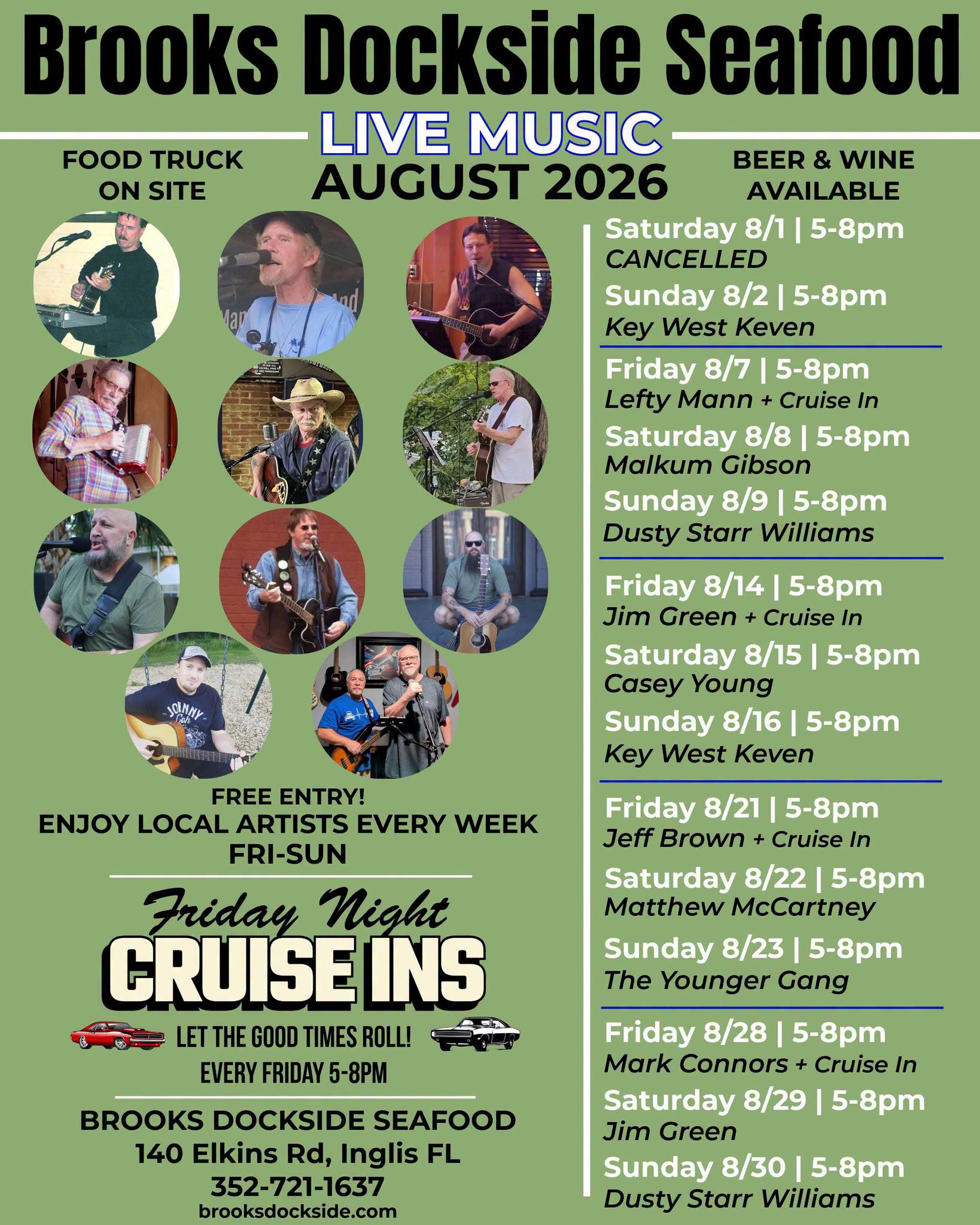 Brooks Dockside Seafood Friday Night Cruise Ins event at Brooks Dockside Seafood in Inglis, FL on August 7, 2026