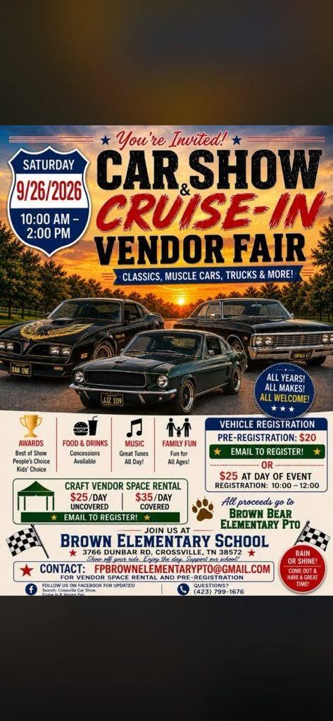 Brown Bear Elementary PTO Car Show Cruise-In event at Brown Elementary School in Crossville, TN on September 26, 2026