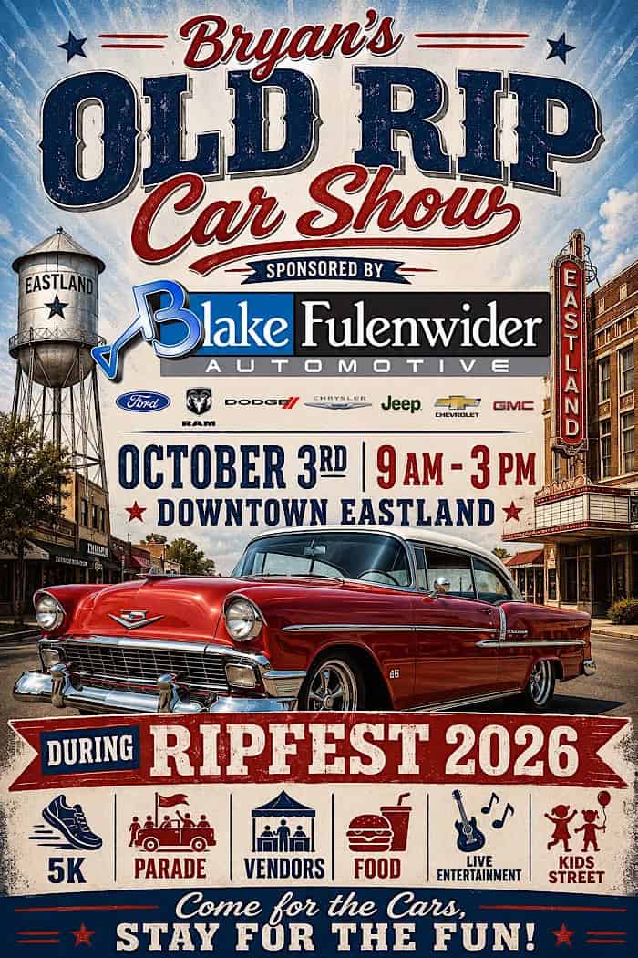 Bryan's Old Rip Car Show event at Downtown Eastland in Eastland, TX on October 3, 2026