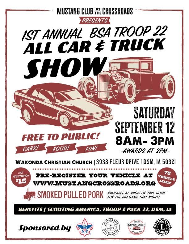 BSA Troop 22 All Car & Truck Show event at Wakonda Christian Church in Des Moines, IA on September 12, 2026