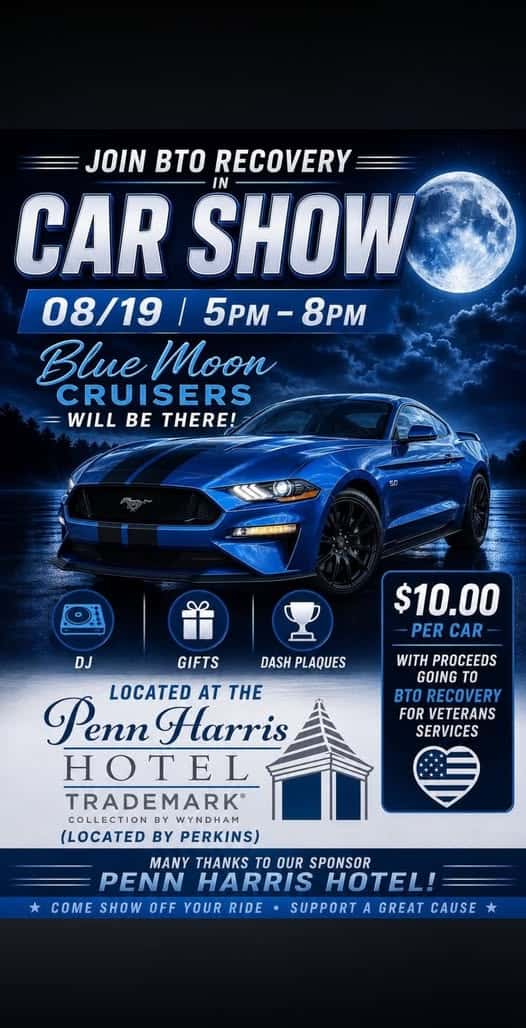 BTO Recovery Blue Moon Car Show event at Penn Harris Hotel in Camp Hill, PA on August 19, 2026
