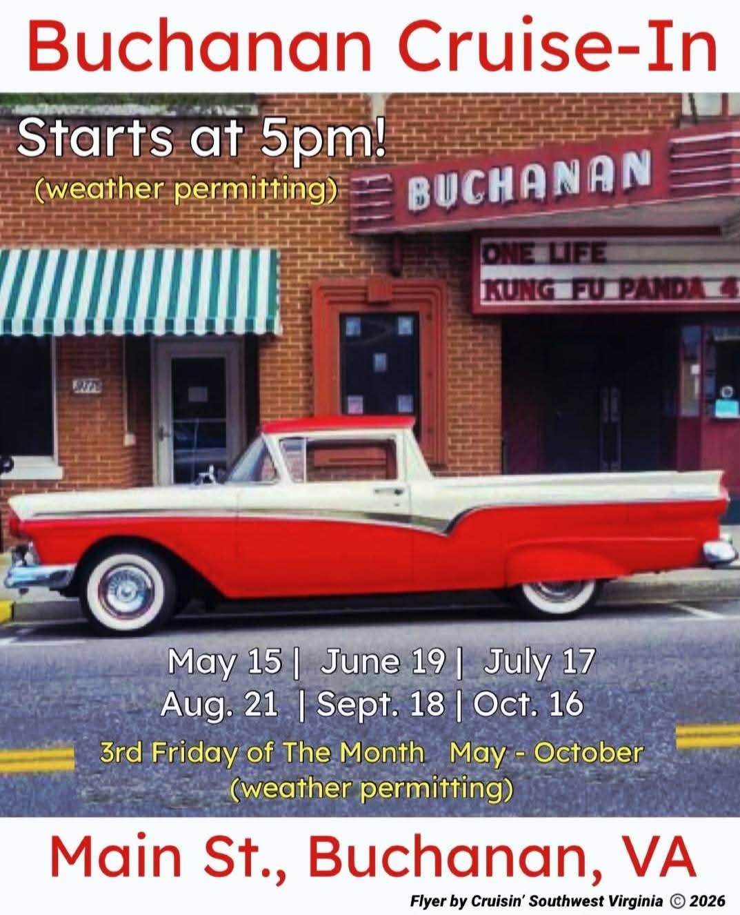 Buchanan Cruise-In event at Main St. in Buchanan, VA on August 21, 2026