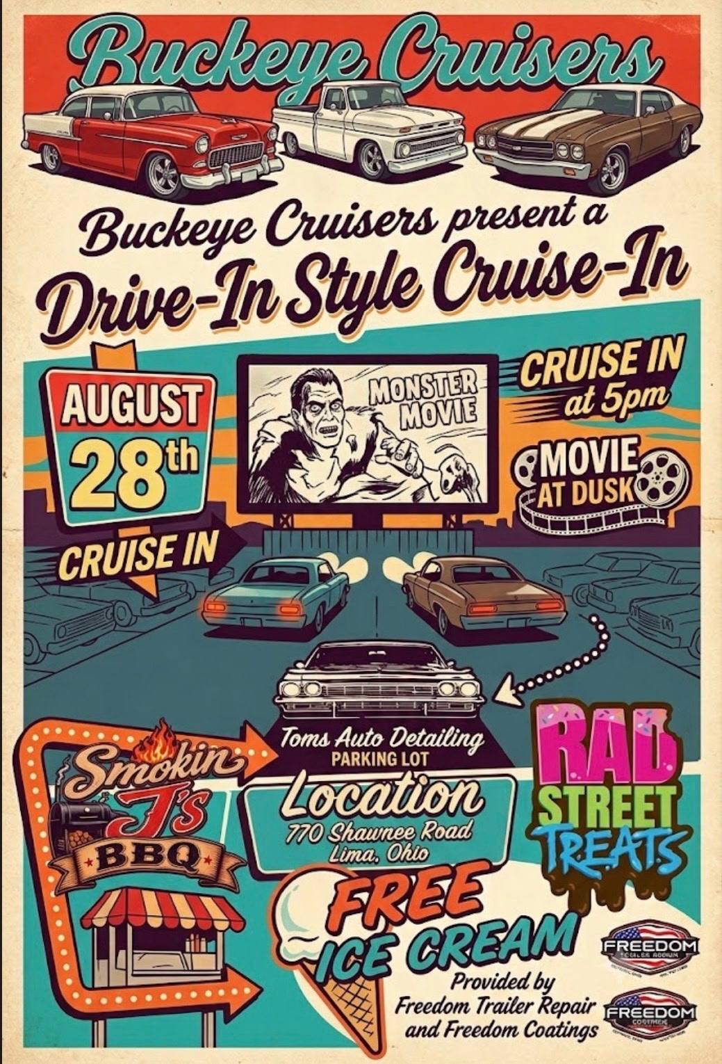 Buckeye Cruisers Drive-In Style Cruise-In event at Tom's Auto Detailing in Lima, OH on August 28, 2026