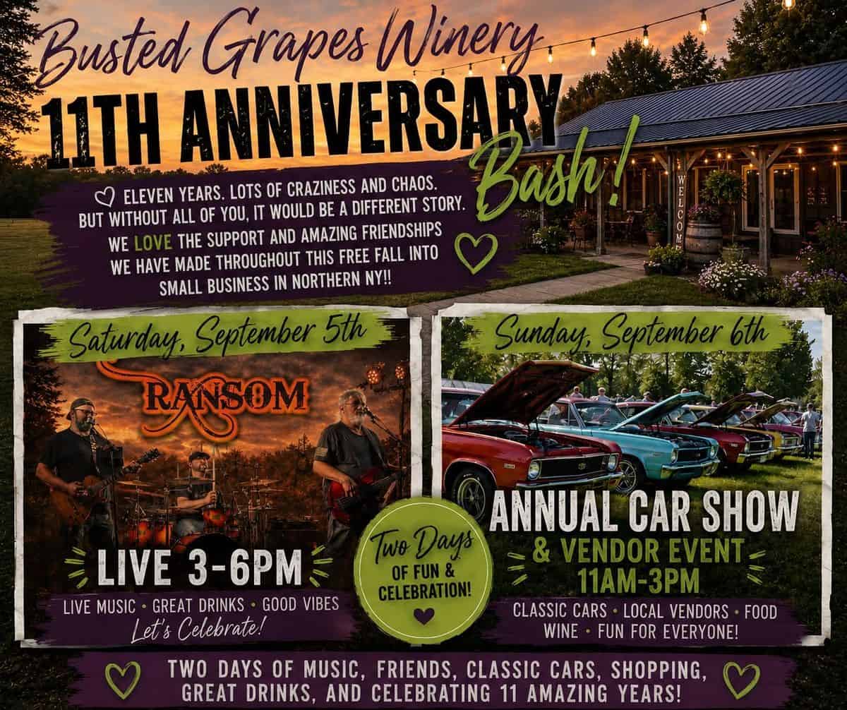 Busted Grapes Winery 11th Anniversary Bash event at Busted Grapes Winery in Black River, NY on September 5, 2026