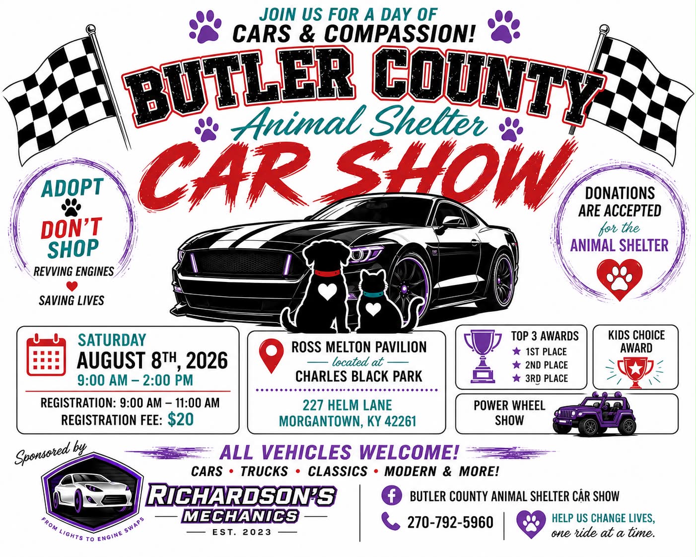 Butler County Animal Shelter Car Show event at Ross Melton Pavilion at Charles Black Park in Morgantown, KY on August 8, 2026