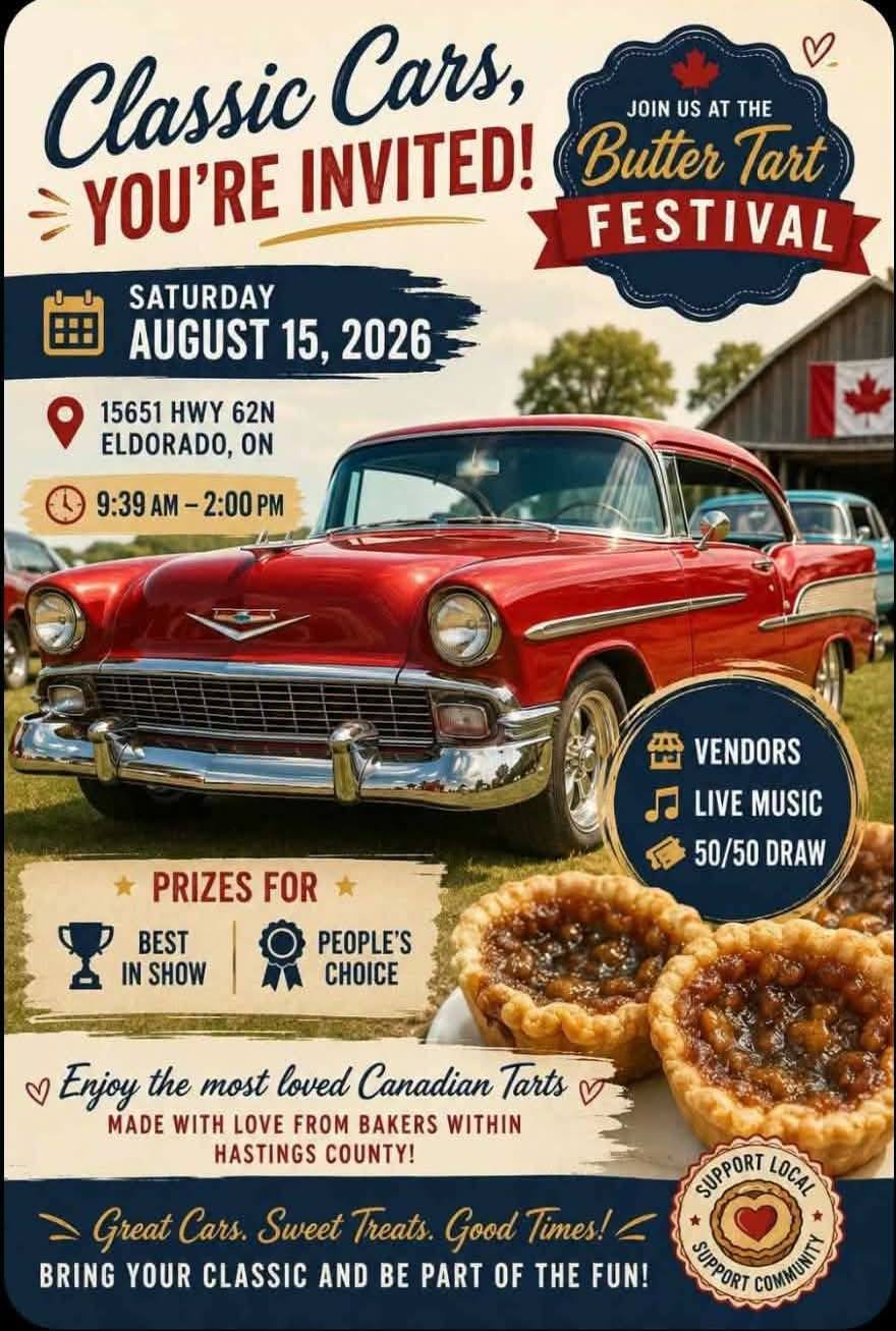 Butter Tart Festival Classic Cars event at 15651 Hwy 62N in Eldorado, ON on August 15, 2026
