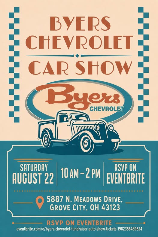 Byers Chevrolet Car Show event at 5887 N. Meadows Drive in Grove City, OH on August 22, 2026