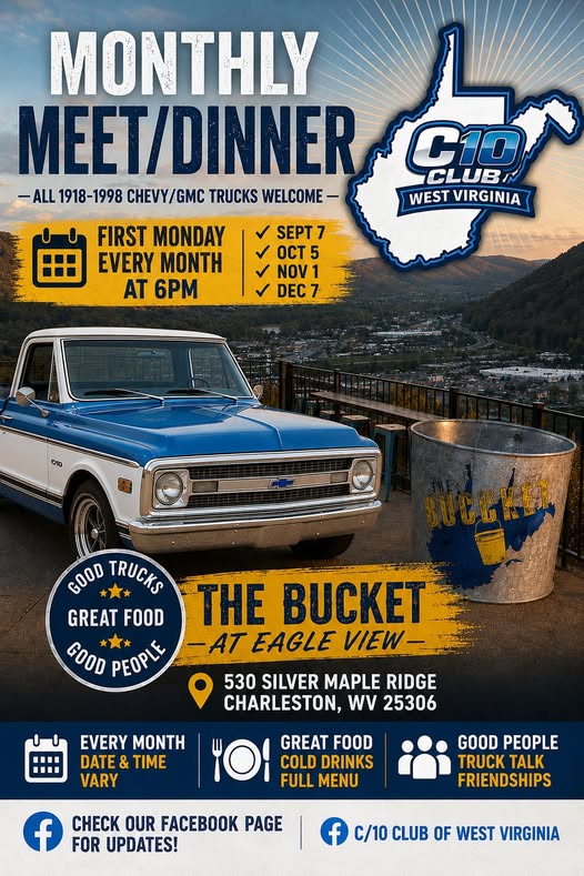 C10 Club West Virginia Monthly Meet/Dinner event at The Bucket at Eagle View in Charleston, WV on September 7, 2026