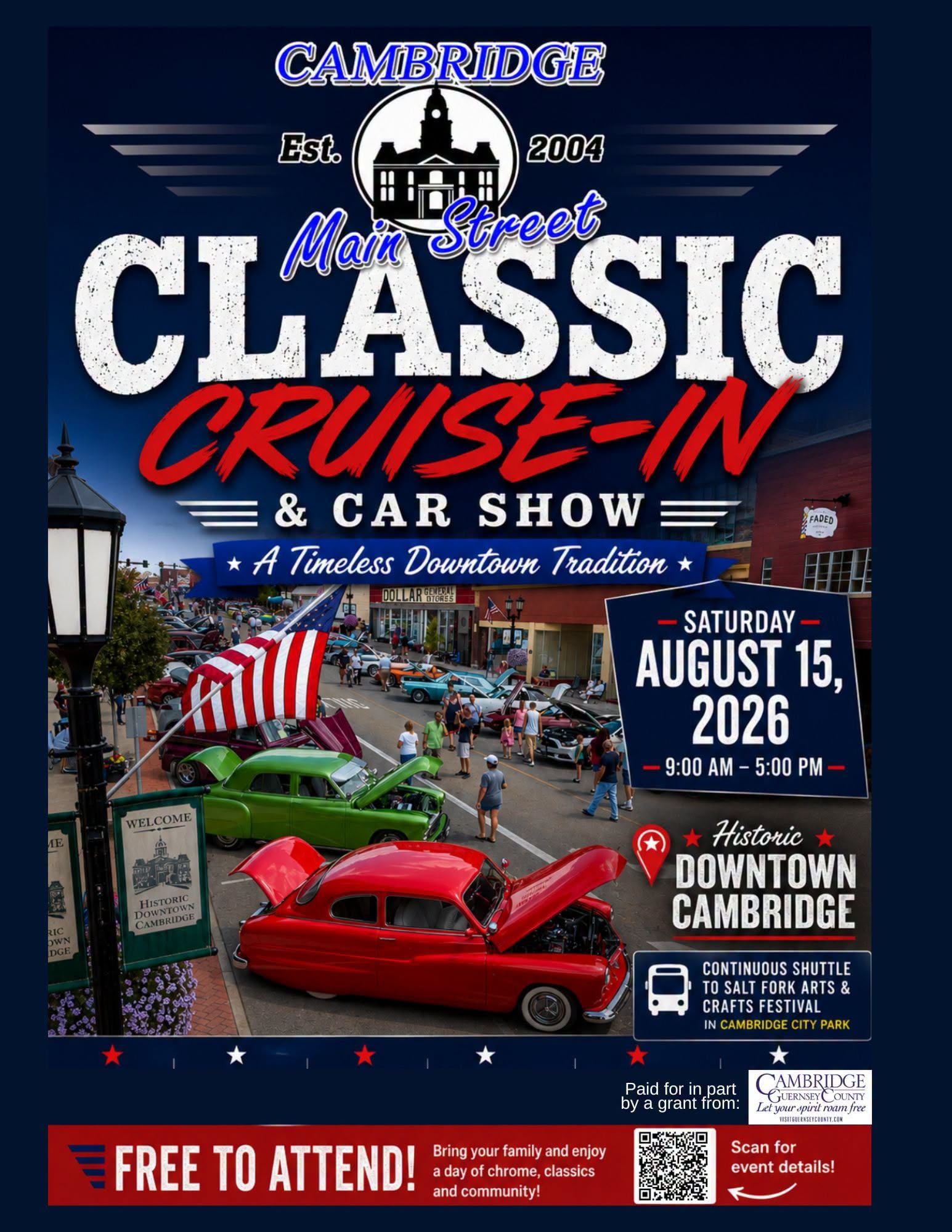 Cambridge Main Street Classic Cruise-In & Car Show event at Historic Downtown Cambridge in Cambridge, OH on August 15, 2026