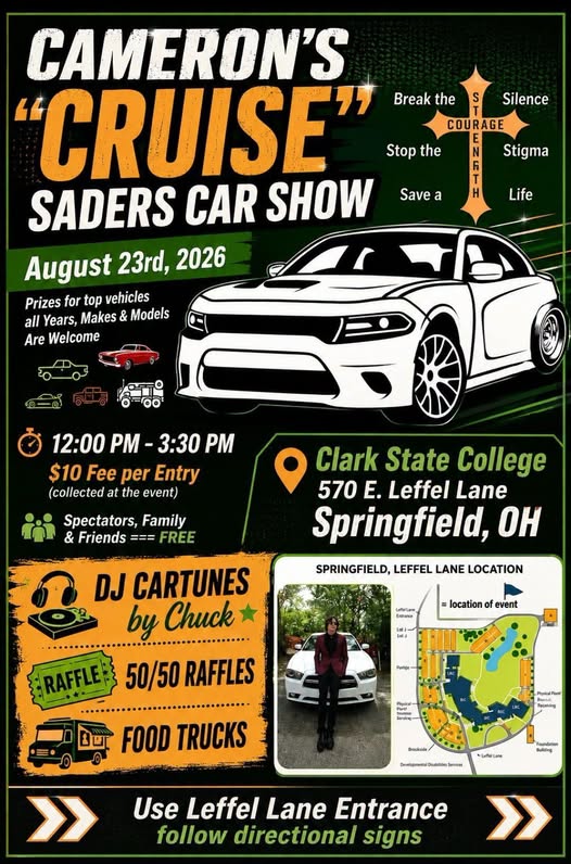 Cameron's Cruise Saders Car Show event at Clark State College in Springfield, OH on August 23, 2026