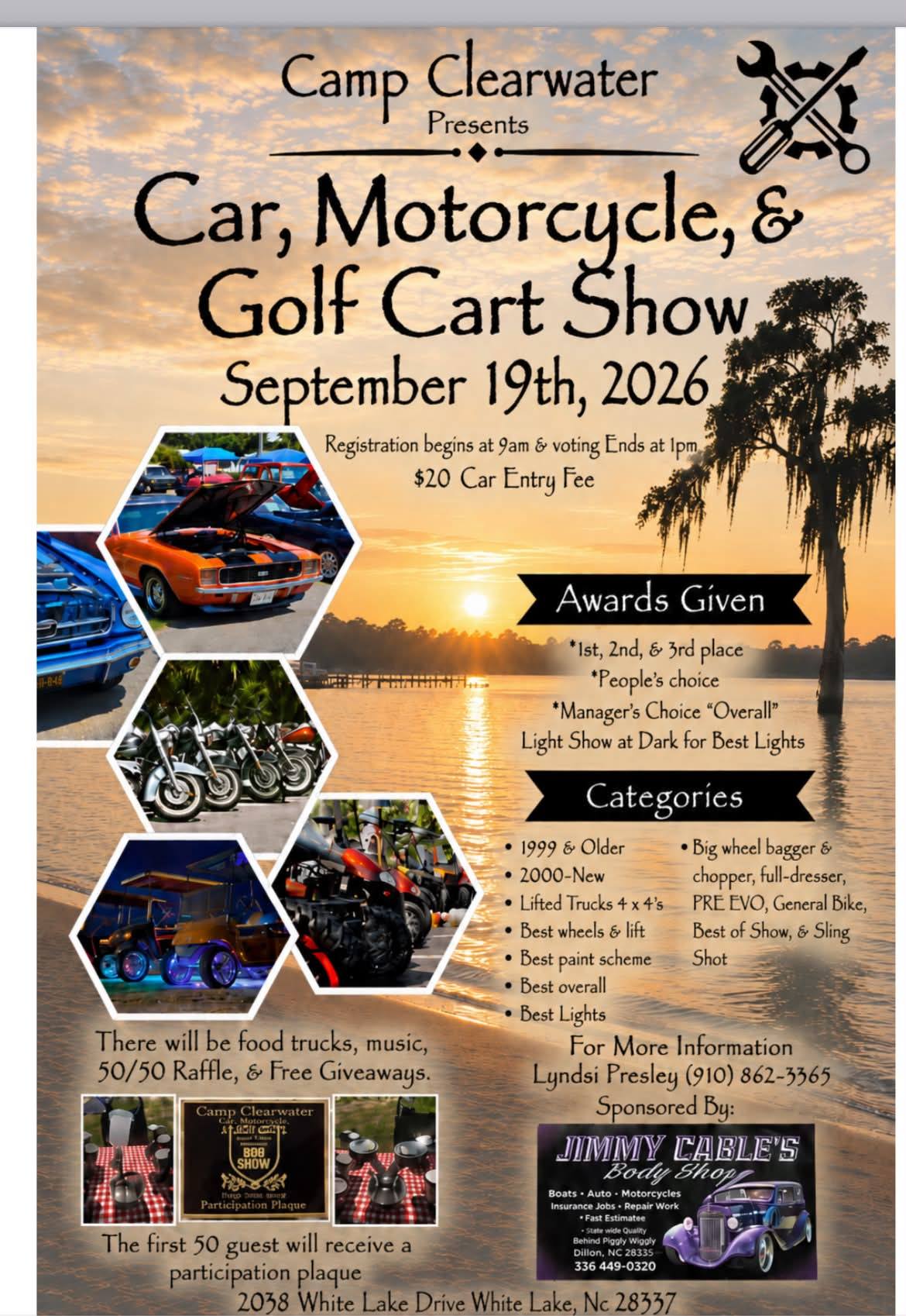 Camp Clearwater Car, Motorcycle, & Golf Cart Show event at Camp Clearwater in White Lake, NC on September 19, 2026