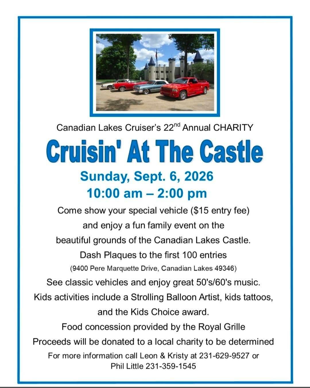 Canadian Lakes Cruiser's Cruisin' at the Castle event at Canadian Lakes Castle in Canadian Lakes, MI on September 6, 2026