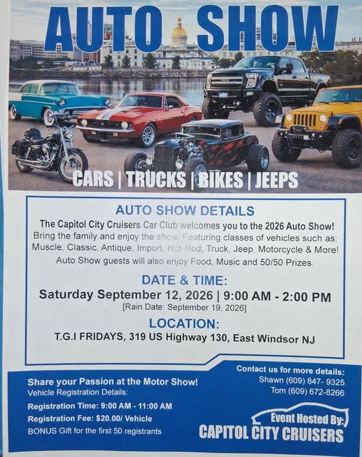Capitol City Cruisers Car Club Auto Show event at T.G.I. Fridays in East Windsor, NJ on September 12, 2026