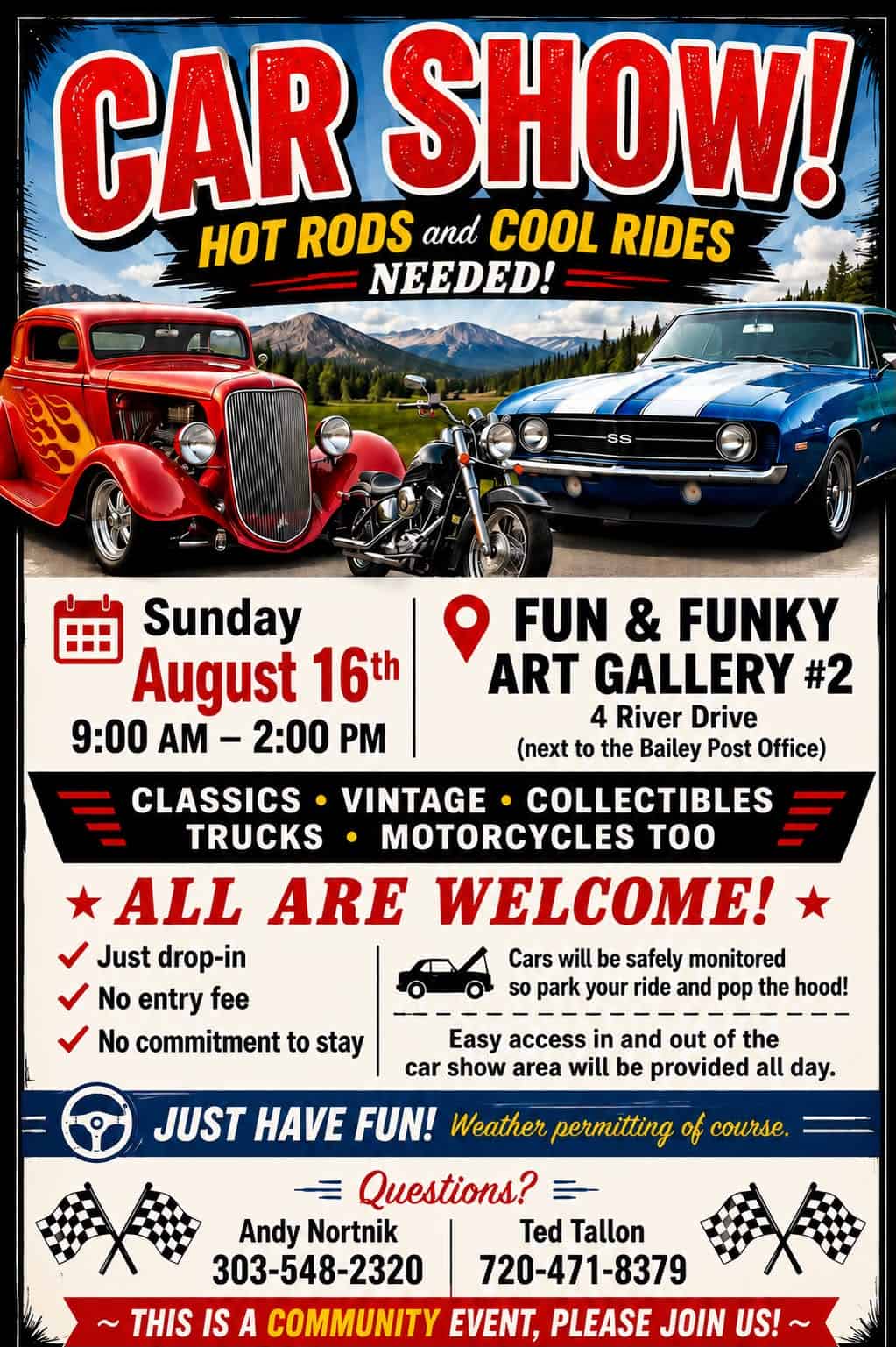 Car and Hot Rod Show at Fun & Funky Art Galleries and Gifts event at Fun & Funky Art Gallery #2 in Bailey, CO on August 16, 2026