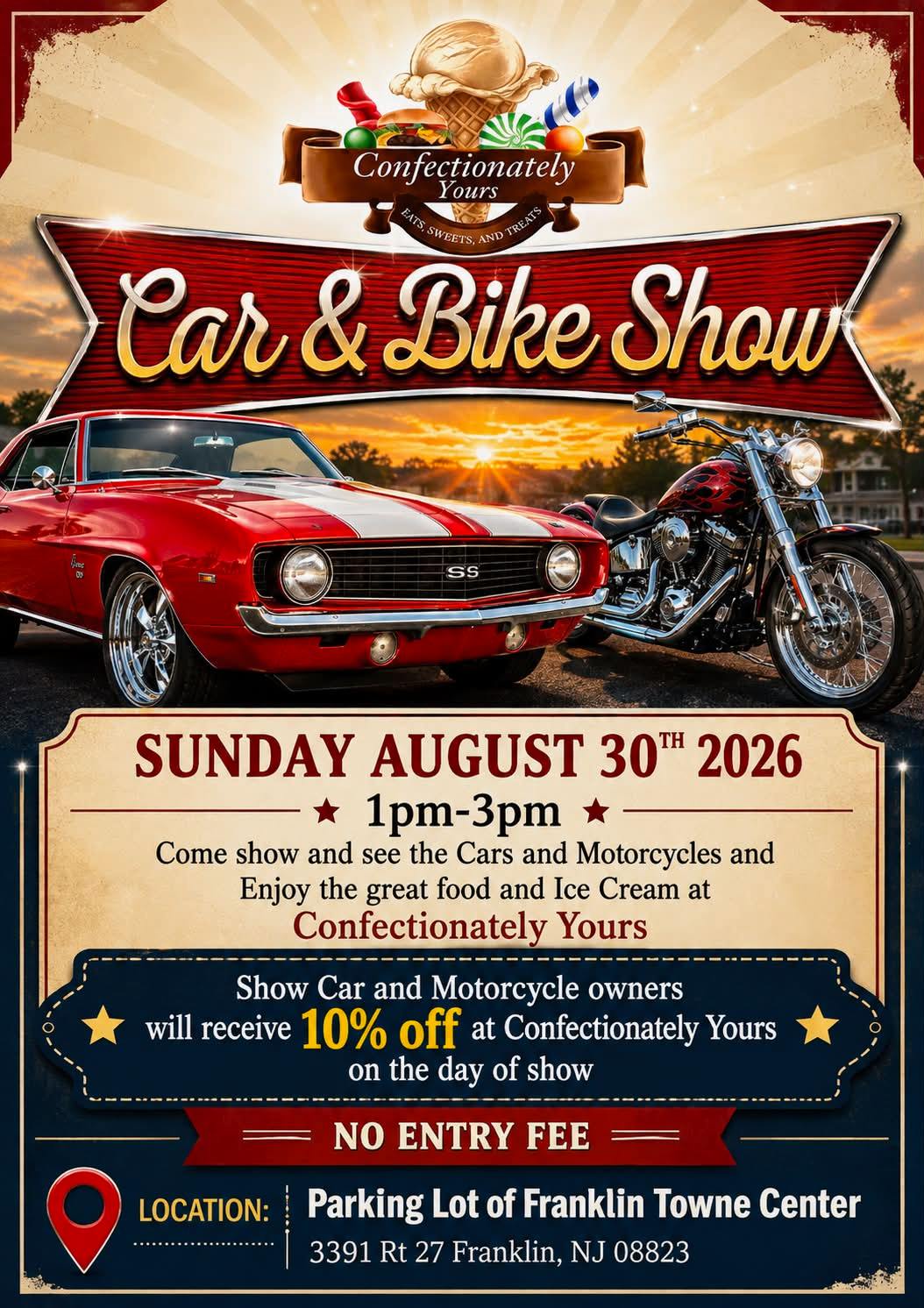 Car & Bike Show at Confectionately Yours event at Confectionately Yours in Franklin, NJ on August 30, 2026