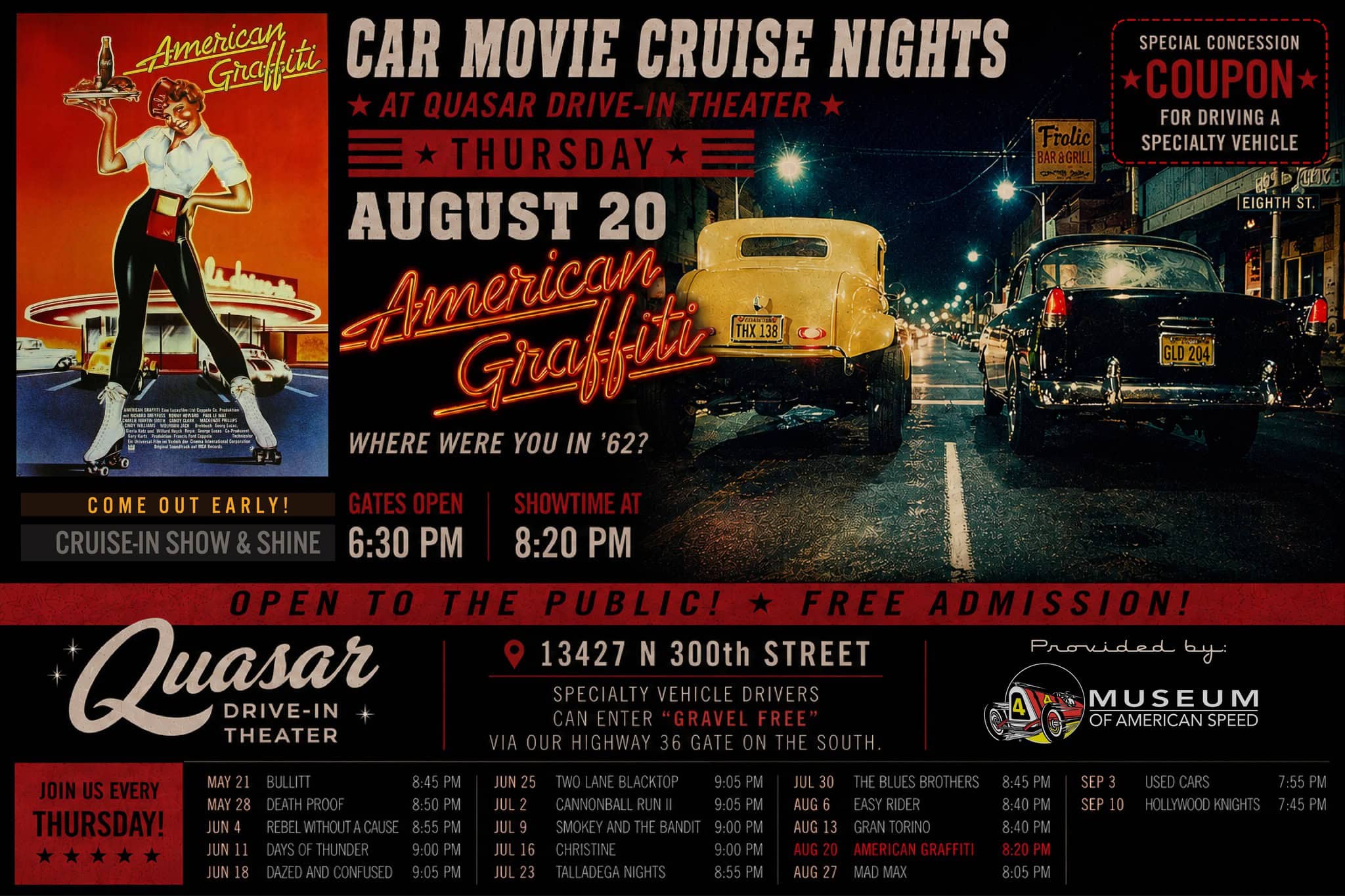 Car Movie Cruise Nights - American Graffiti event at Quasar Drive-In Theater in Valley, NE on August 20, 2026