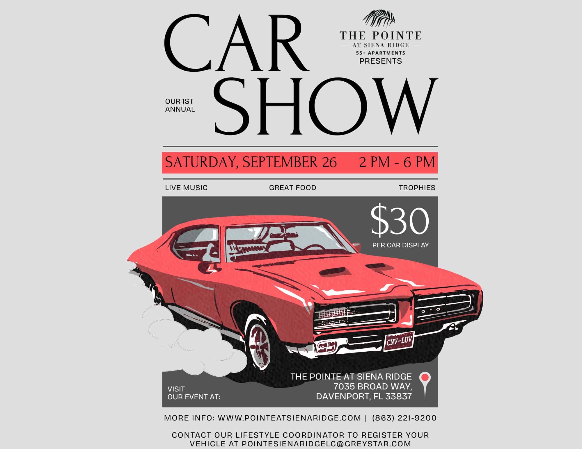 Car Show at the Pointe at Siena Ridge event at The Pointe at Siena Ridge in Davenport, FL on September 26, 2026