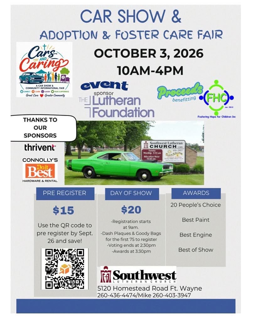 Car Show for Fostering Hope for Children Inc event at Southwest Lutheran Church in Fort Wayne, IN on October 3, 2026