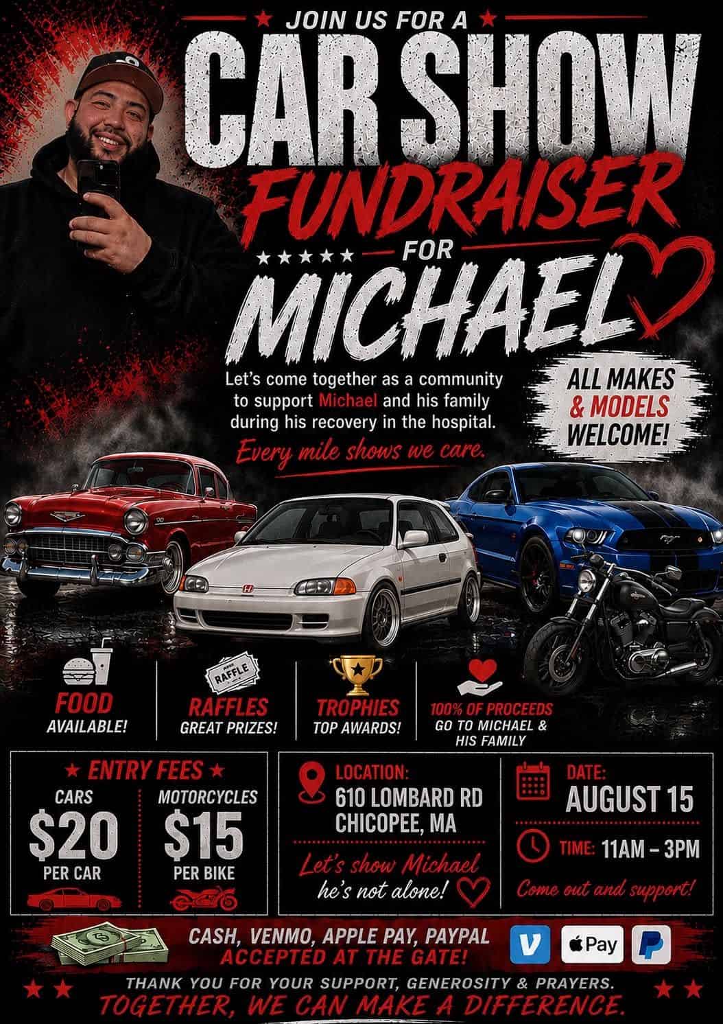Car Show Fundraiser for Michael event at 610 Lombard Road in Chicopee, MA on August 15, 2026