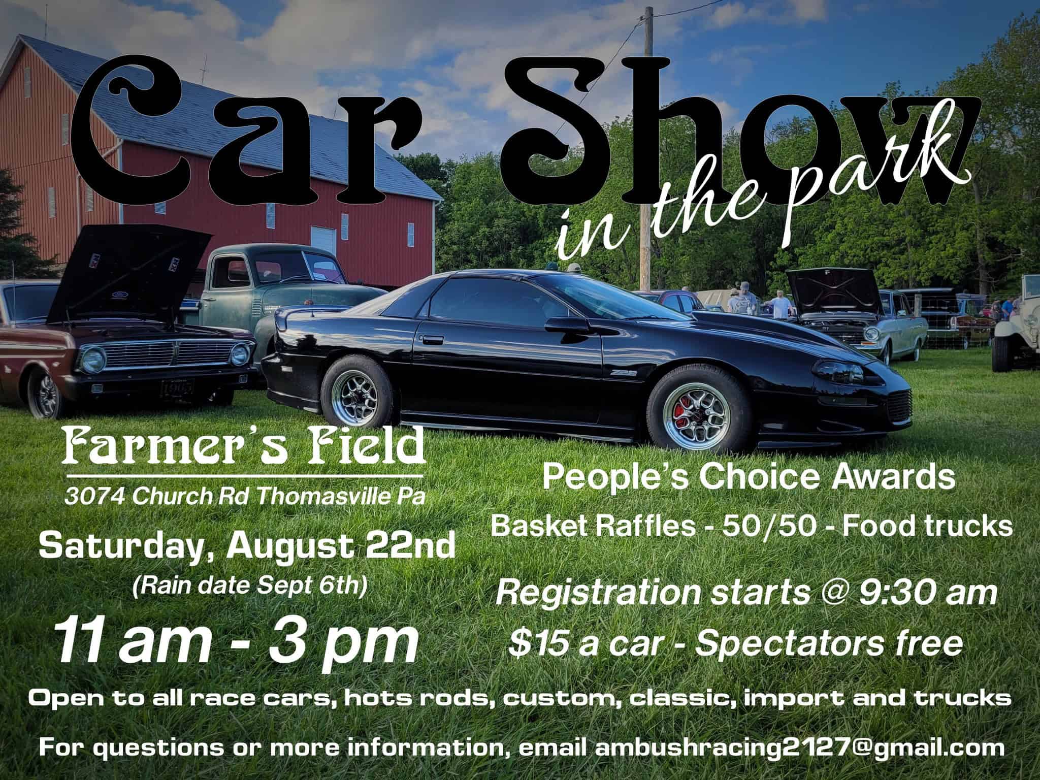 Car Show in the Park at Farmer's Field event at Farmer's Field in Thomasville, PA on August 22, 2026