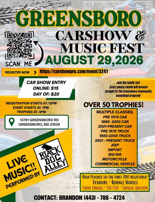 Car Show & Music Fest in Greensboro event at 13781 Greensboro Road in Greensboro, MD on August 29, 2026