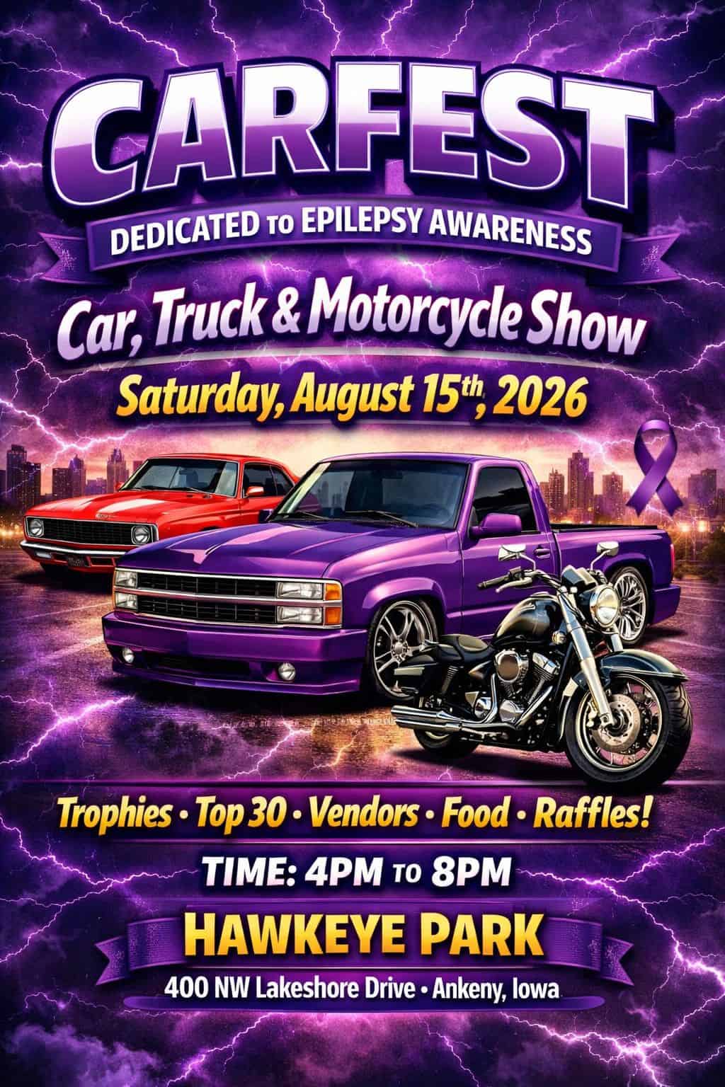 Carfest Dedicated to Epilepsy Awareness event at Hawkeye Park in Ankeny, IA on August 15, 2026