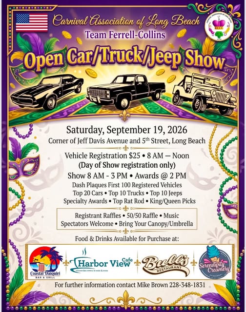 Carnival Association of Long Beach Open Car/Truck/Jeep Show event at Corner of Jeff Davis Avenue and 5th Street in Long Beach, MS on September 19, 2026