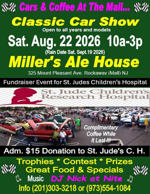 Cars & Coffee At The Mall Classic Car Show event at Miller's Ale House in Rockaway, NJ on August 22, 2026
