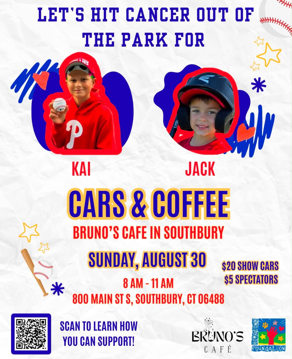 Cars & Coffee for Kai and Jack event at Bruno's Cafe in Southbury, CT on August 30, 2026