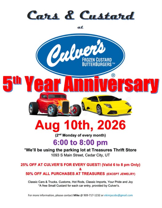 Cars & Custard event at Treasures Thrift Store in Cedar City, UT on September 14, 2026