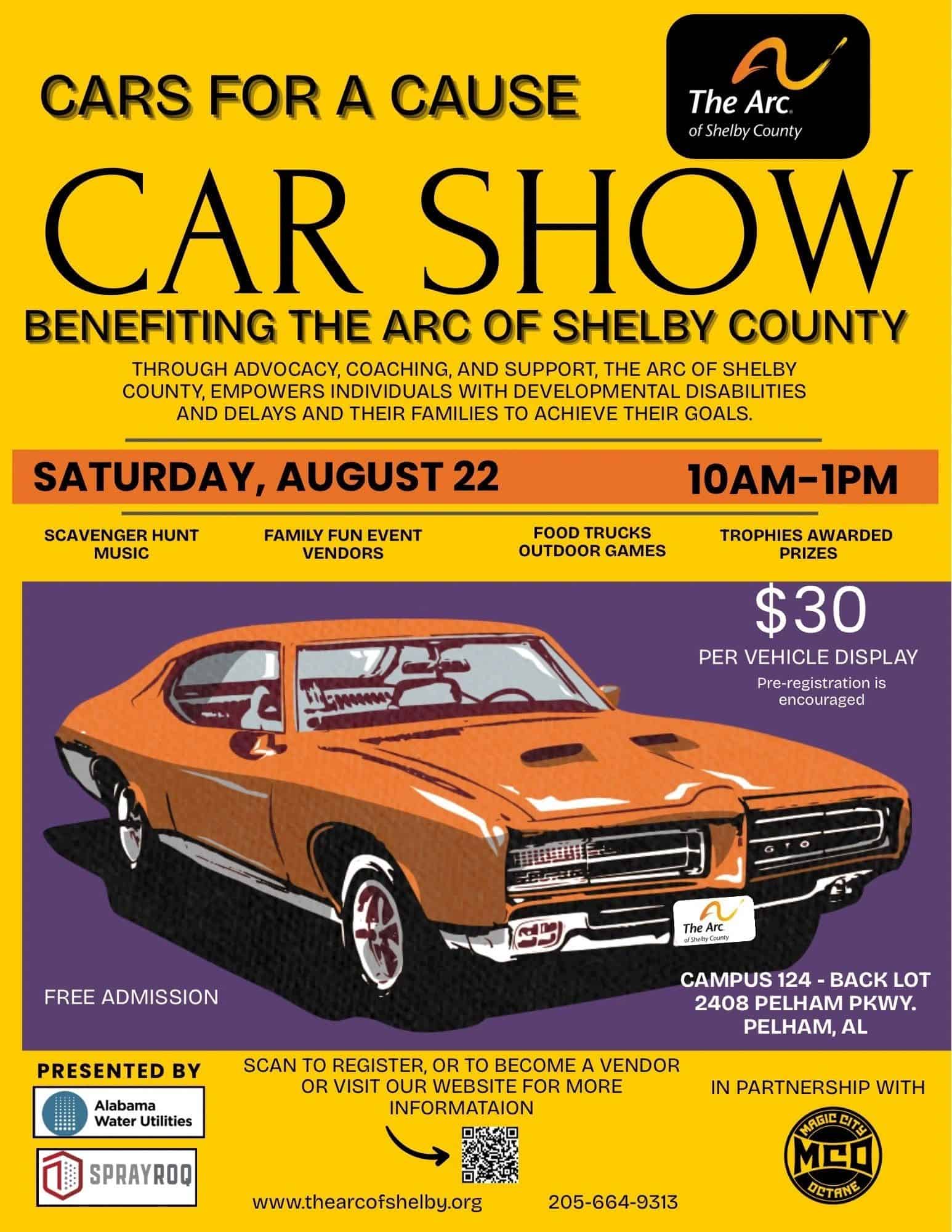 Cars for a Cause Car Show Benefitting the Arc of Shelby County event at Campus 124 in Pelham, AL on August 22, 2026