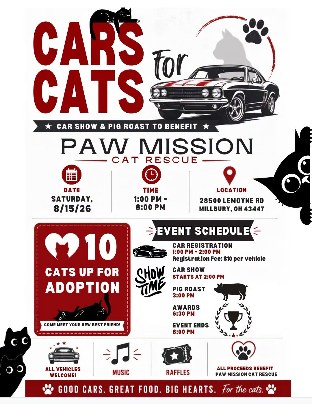 Cars for Cats Car Show event at 28500 Lemoyne Rd in Millbury, OH on August 15, 2026