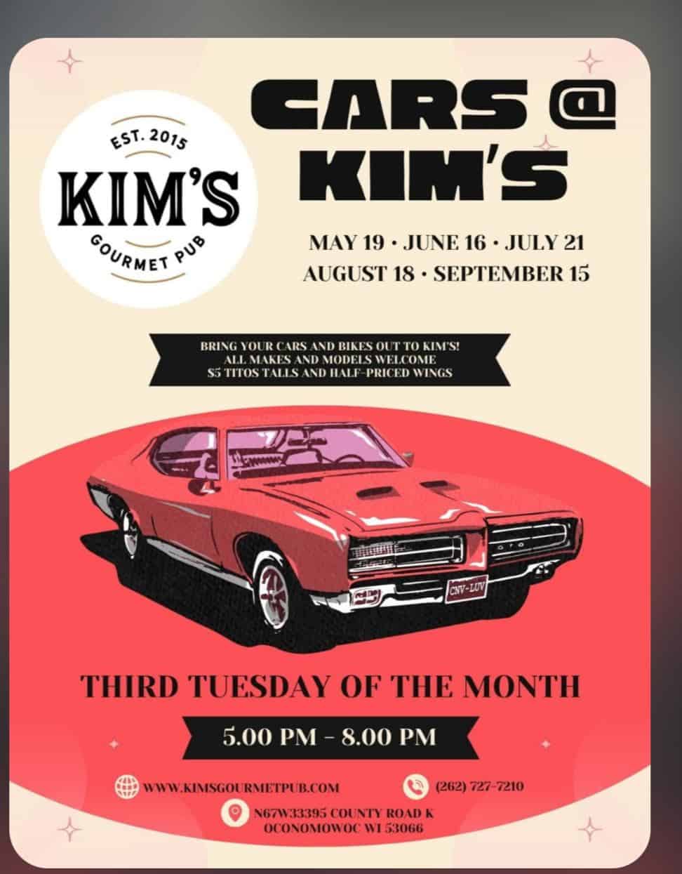 Cars @ Kim's event at Kim's Gourmet Pizza Pub in Oconomowoc, WI on August 18, 2026