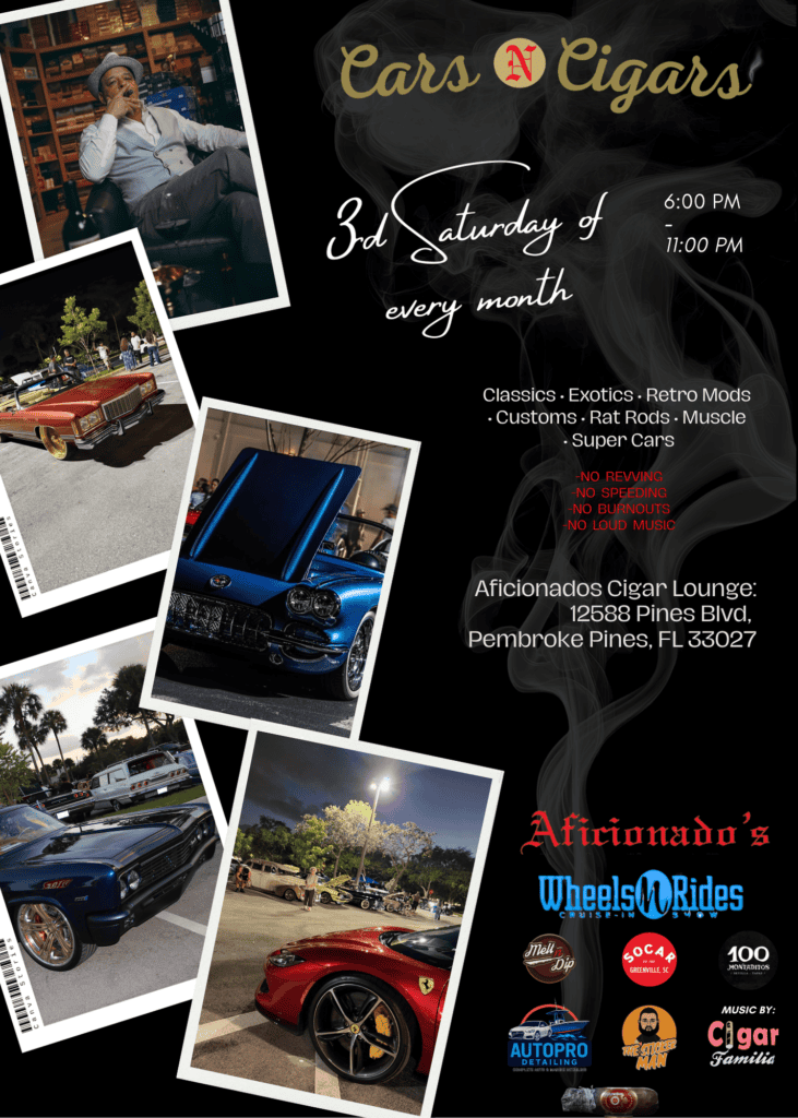 Cars N Cigars event at Aficionados Cigar Lounge in Pembroke Pines, FL on August 15, 2026