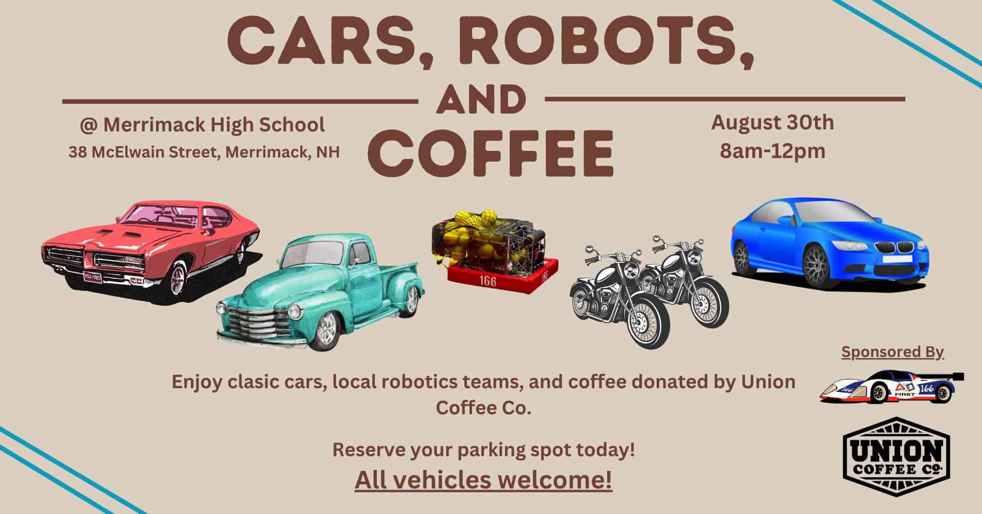 Cars, Robots, and Coffee event at Merrimack High School in Merrimack, NH on August 30, 2026