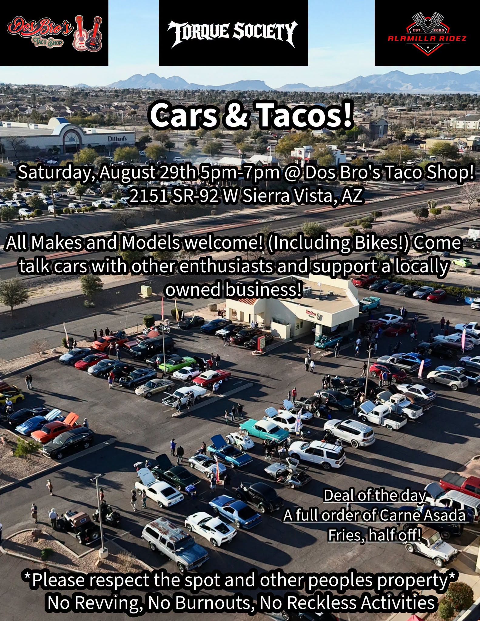 Cars & Tacos! event at Dos Bro's Taco Shop in Sierra Vista, AZ on August 29, 2026