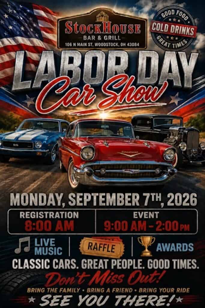 StockHouse Bar & Grill Labor Day Car Show event at StockHouse Bar & Grill in Woodstock, OH on September 7, 2026