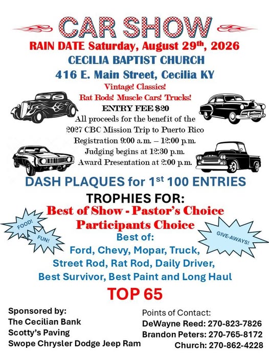 Cecilia Baptist Church Car Show event at Cecilia Baptist Church in Cecilia, KY on August 29, 2026