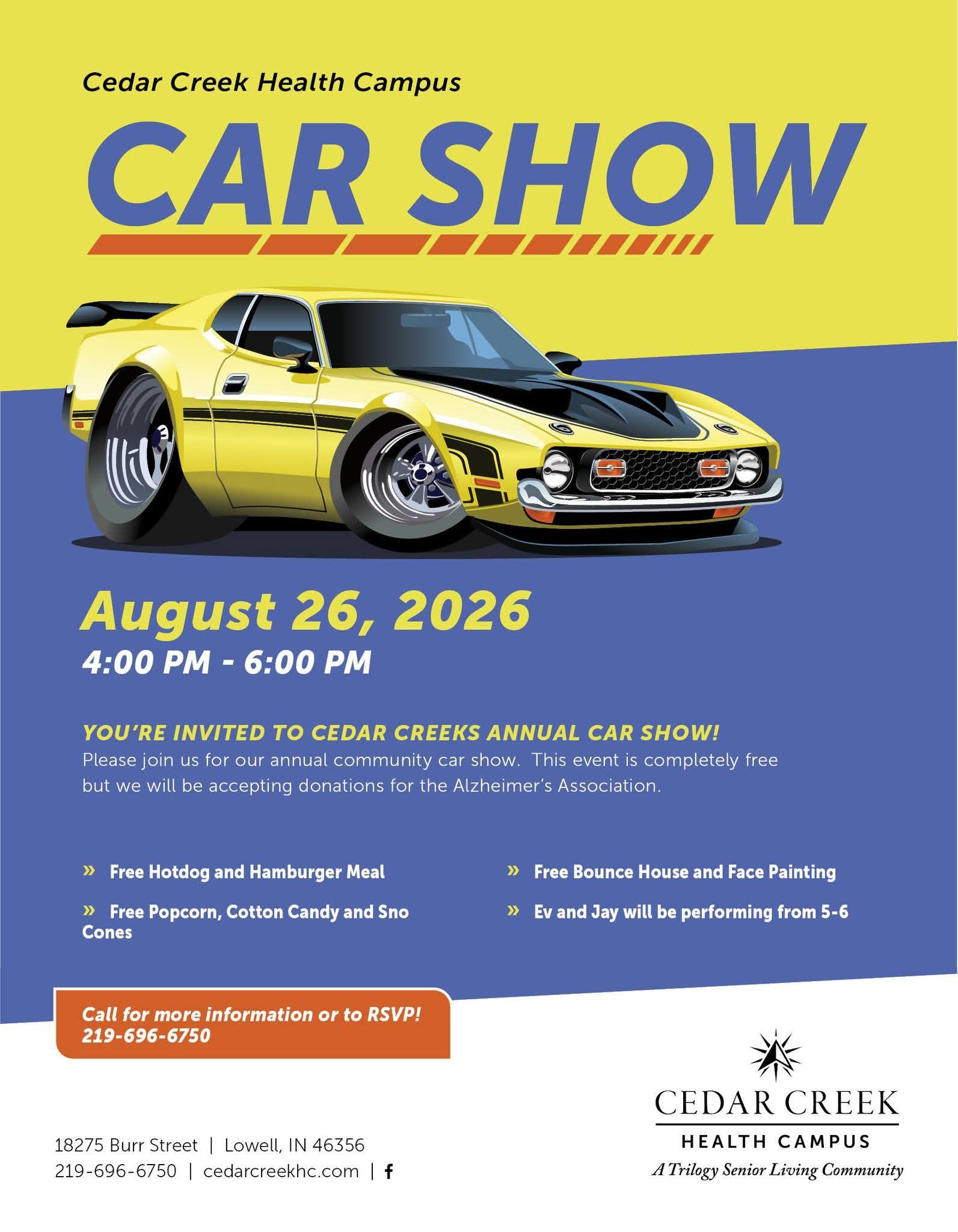 Cedar Creek Health Campus Car Show event at Cedar Creek Health Campus in Lowell, IN on August 26, 2026