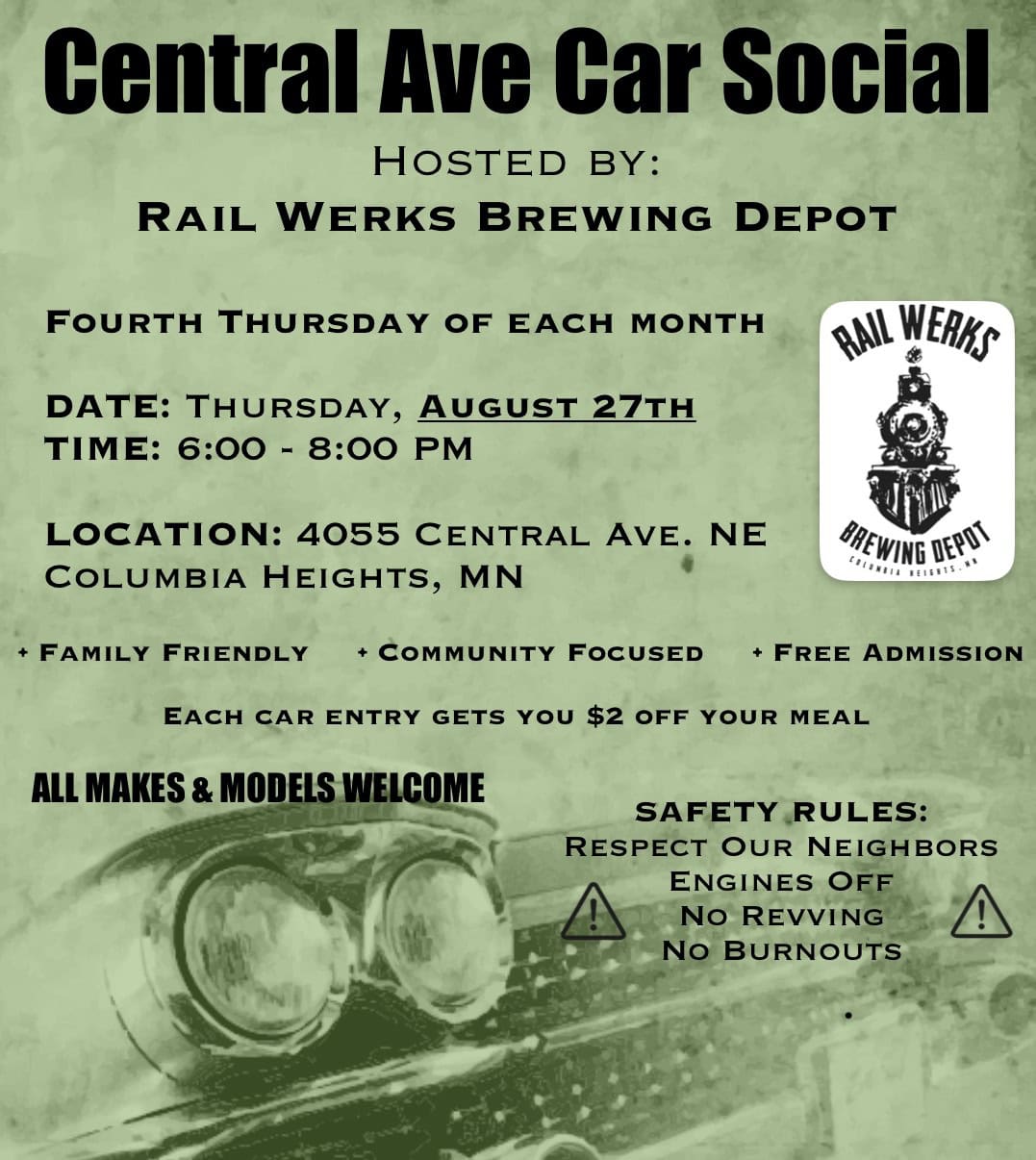 Central Ave Car Social event at Rail Werks Brewing Depot in Columbia Heights, MN on August 27, 2026