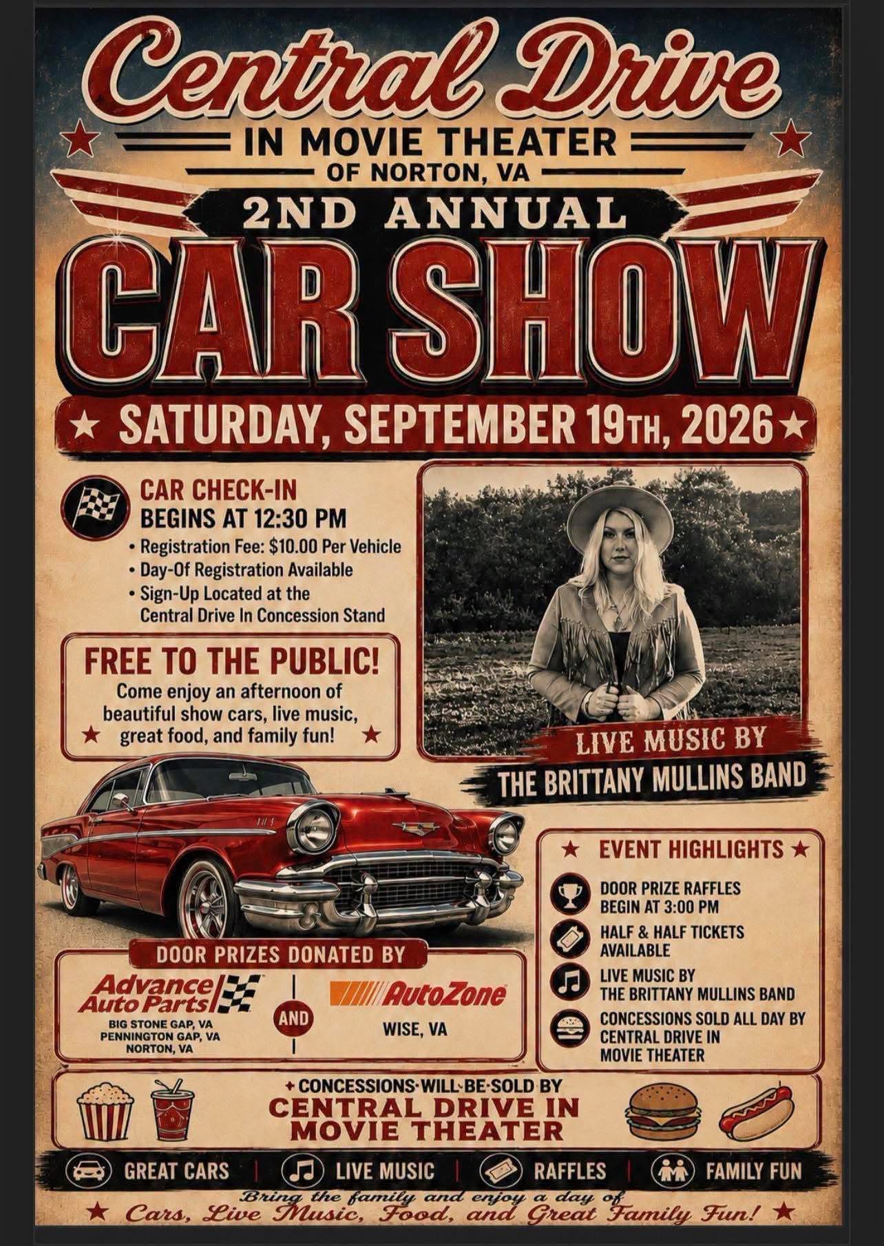 Central Drive in Movie Theater 2nd Annual Car Show event at Central Drive in Movie Theater in Norton, VA on September 19, 2026