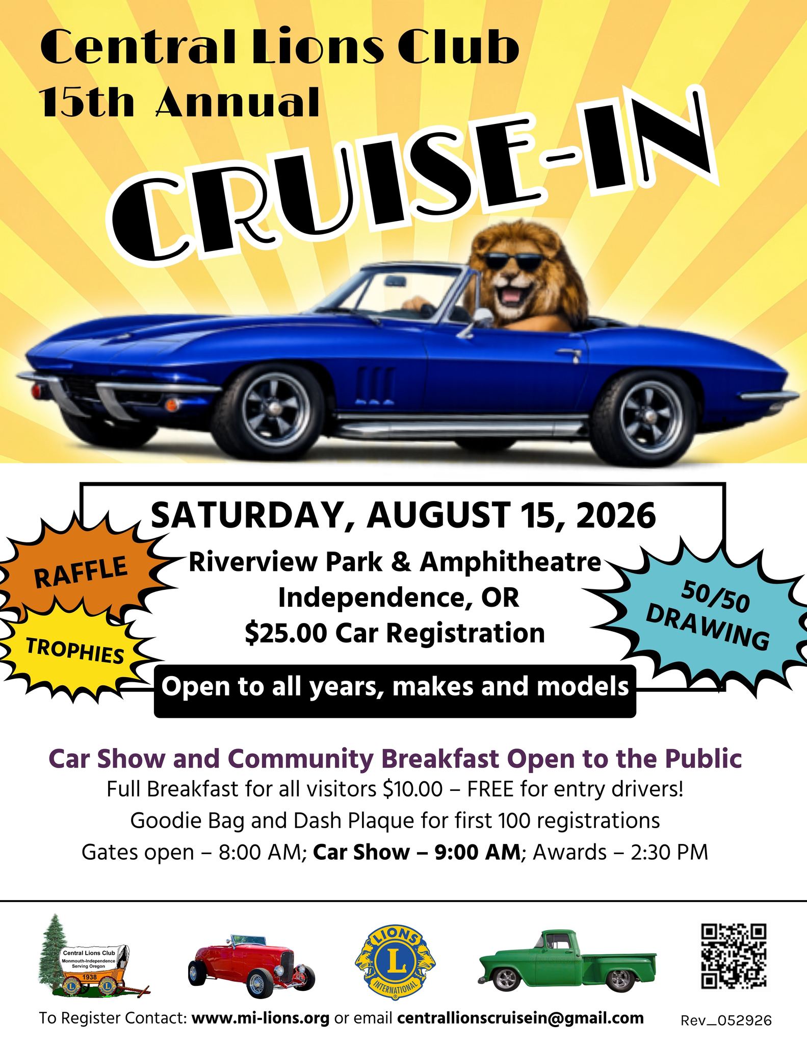 Central Lions Club 15th Annual Cruise-In event at Riverview Park & Amphitheatre in Independence, OR on August 15, 2026