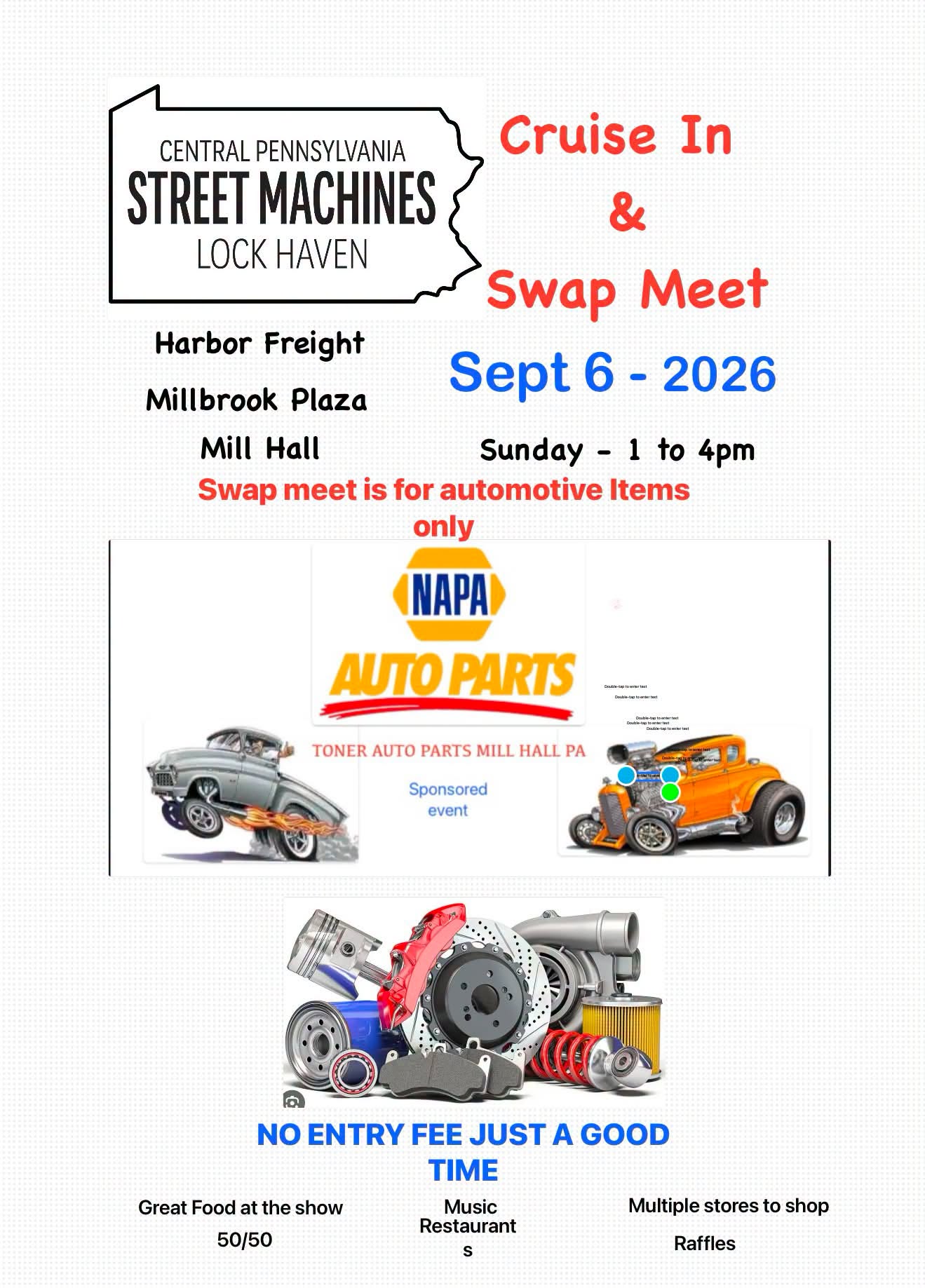 Central Pennsylvania Street Machines Cruise in & Swap Meet event at Harbor Freight in Mill Hall, PA on September 6, 2026
