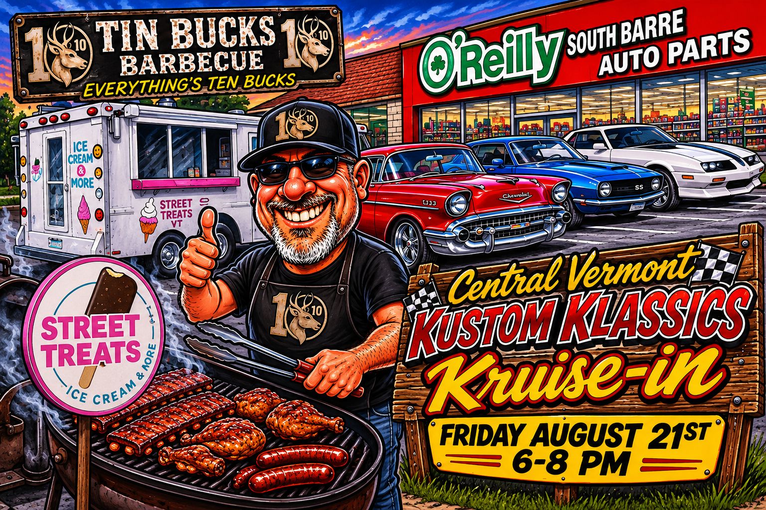 Central Vermont Kustom Klassics Kruise-in event at O'Reilly Auto Parts in South Barre, VT on August 21, 2026