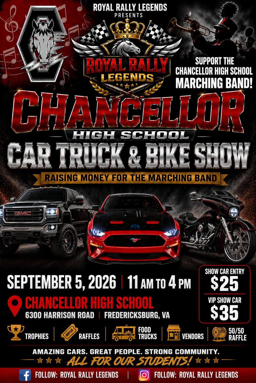 Chancellor High School Car Truck & Bike Show event at Chancellor High School in Fredericksburg, VA on September 5, 2026