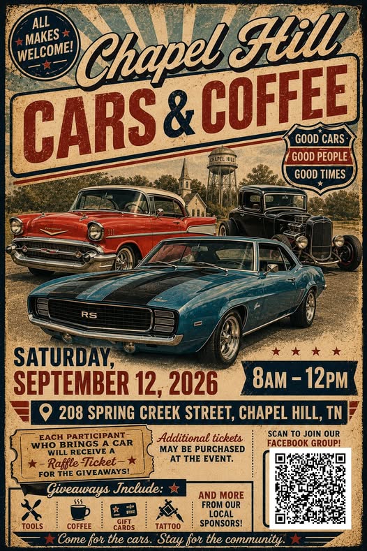 Chapel Hill Cars & Coffee event at 208 Spring Creek Street in Chapel Hill, TN on September 12, 2026