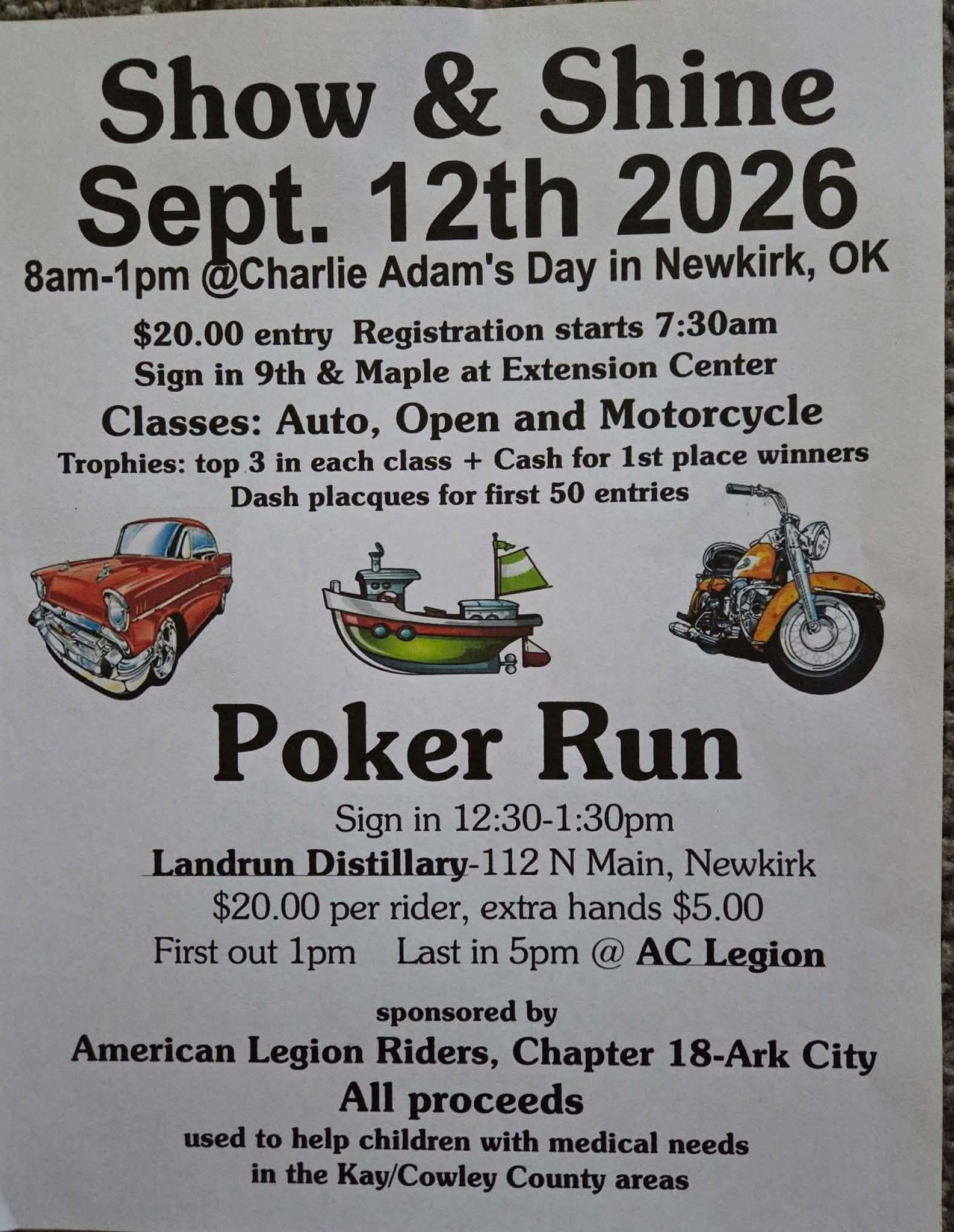 Charlie Adams Day Show & Shine event at Extension Center in Newkirk, OK on September 12, 2026