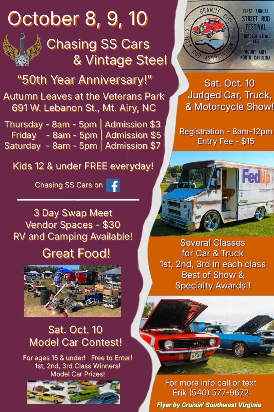 Chasing SS Cars & Vintage Steel 50th Year Anniversary event at Veterans Park in Mt. Airy, NC on October 8, 2026
